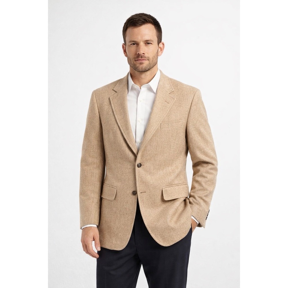 100% Cashmere Blazer Sport Coat in‎ Tan Men's Size 44 Long Kingsbridge